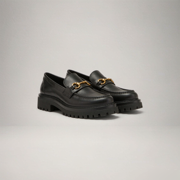 Juno Chunky Leather Loafers black chunky lug-sole leather loafers with gold horsebit