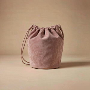 dusty rose suede bucket bag with drawstring