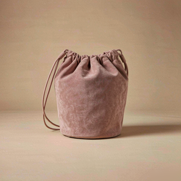 Noor Suede Bucket Bag dusty rose suede bucket bag with drawstring